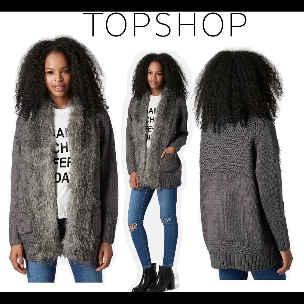 NWOT Topshop gray faux fur cardigan sweater size 2